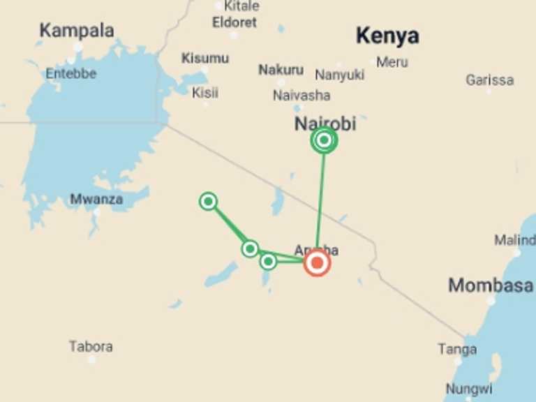 Map of 10-Day Nairobi Tour with 6 destination visits for the trip: Masai & Tanzania Camping Safari