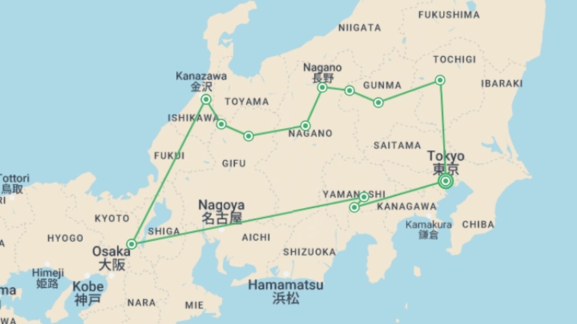 A map showing the tour itinerary for the trip: Discover Hidden Japan, starting in Tokyo, Japan and ending in Tokyo, Japan going through 6 other destinations.