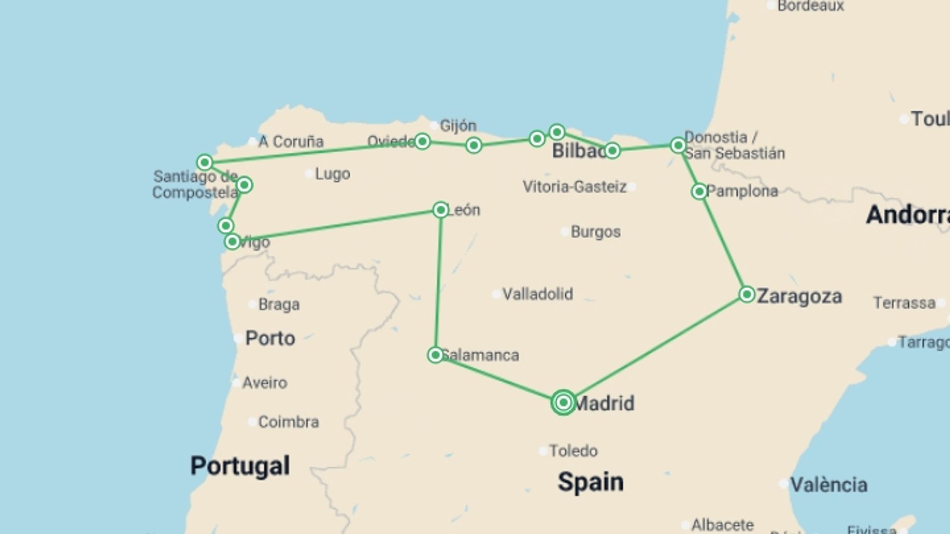 A map showing the tour itinerary for the trip: 8-day North Of Spain From Madrid (c780), starting in Madrid, Spain and ending in Madrid, Spain going through 7 other destinations.