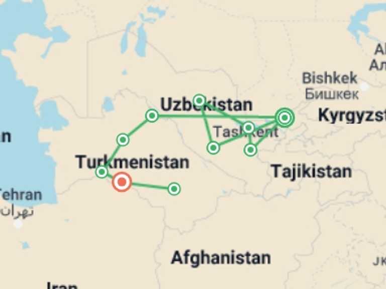 Map itinerary of Ashgabat Tour in September 2026 with 10 destination visits for the trip: Uzbekistan & Turkmenistan Adventure