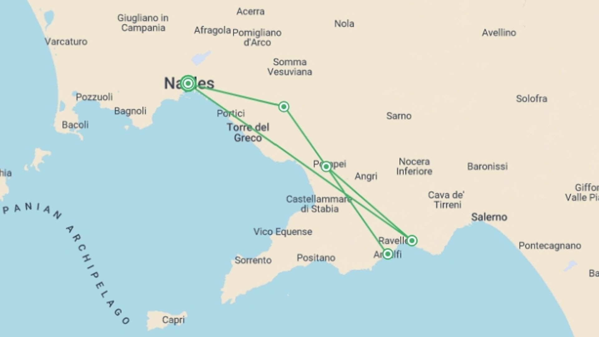 A map showing the tour itinerary for the trip: Family Amalfi Coast Adventure, starting in Naples, Italy and ending in Naples, Italy going through 4 other destinations.
