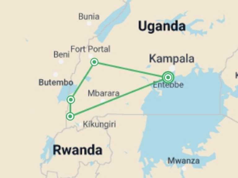 Map of a Gorilla and chimpanzee tracking Tour with 4 destination visits for the trip: 7 Days Primate and Game Safari