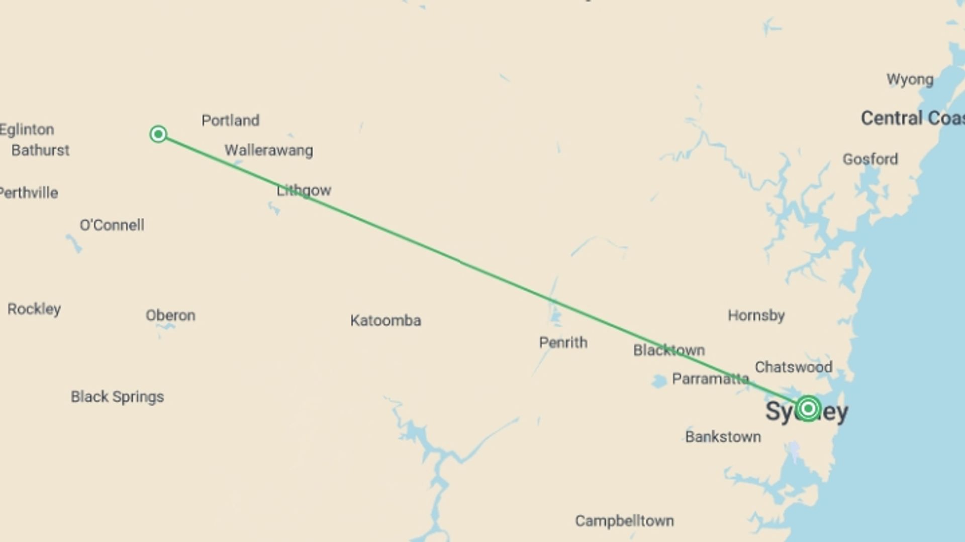 A map showing the tour itinerary for the trip: Best of Sydney & Blue Mountains, starting in Sydney, Australia and ending in Sydney, Australia going through 2 other destinations.