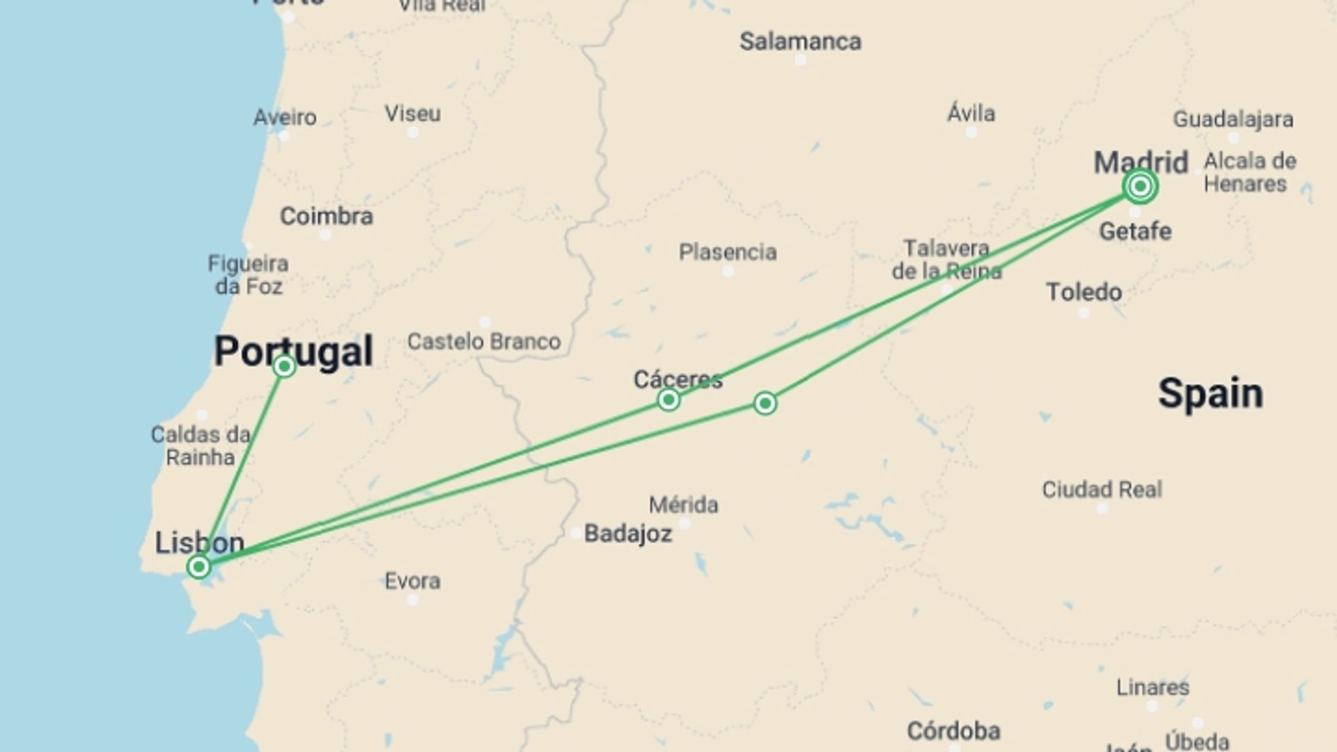 A map showing the tour itinerary for the trip: 4 Day Lisbon And Fatima Guided Tour From Madrid (c340), starting in Madrid, Spain and ending in Madrid, Spain going through 1 other destinations.