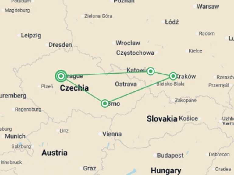 Map itinerary of Europe Tour in June 2026 with 4 destination visits for the trip: The Best of Czchia and Poland