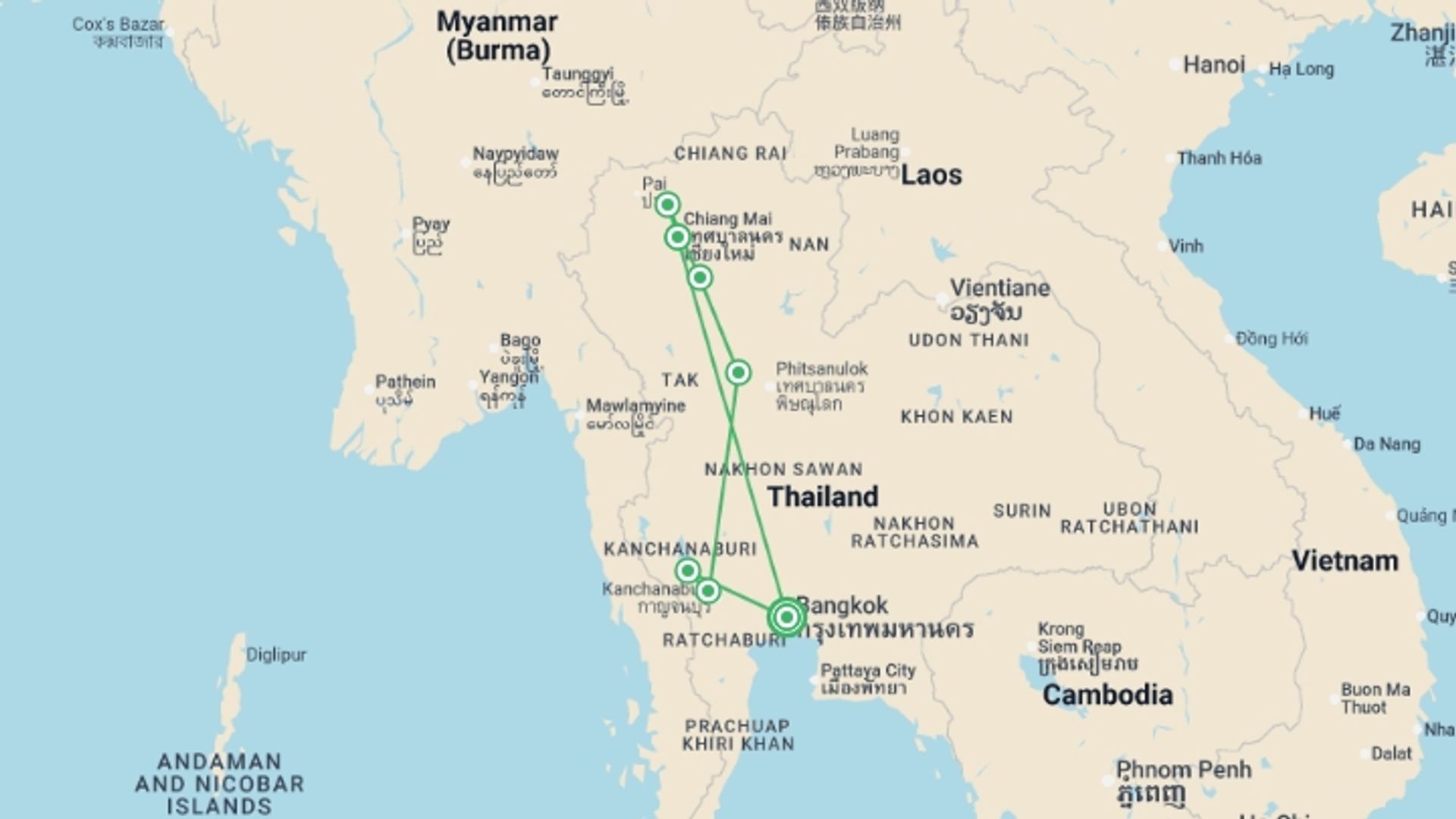 A map showing the tour itinerary for the trip: Highlights of Northern Thailand, starting in Bangkok, Thailand and ending in Bangkok, Thailand going through 6 other destinations.