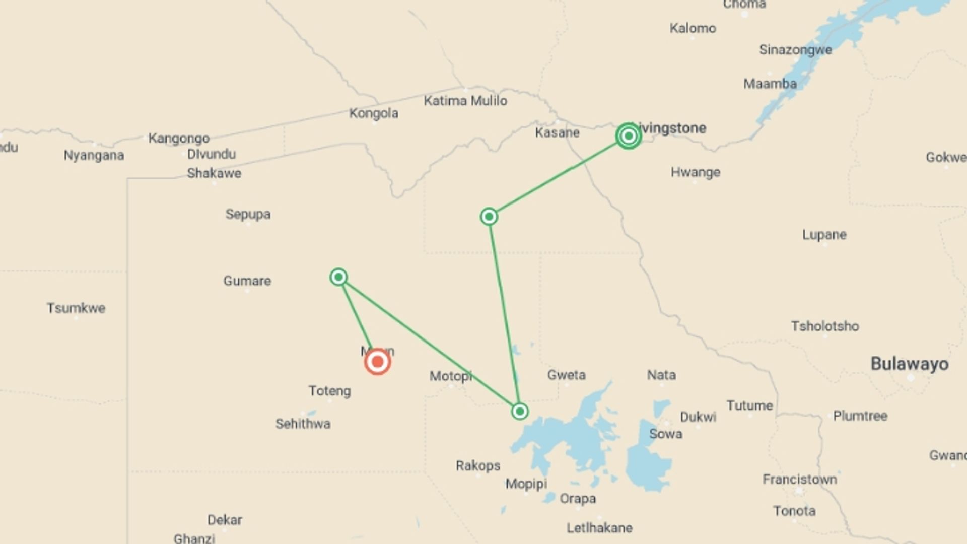 A map showing the tour itinerary for the trip: Victoria Falls and Botswana Reunion 35 to 45, starting in Victoria Falls, Zimbabwe and ending in Maun, Botswana going through 3 other destinations.