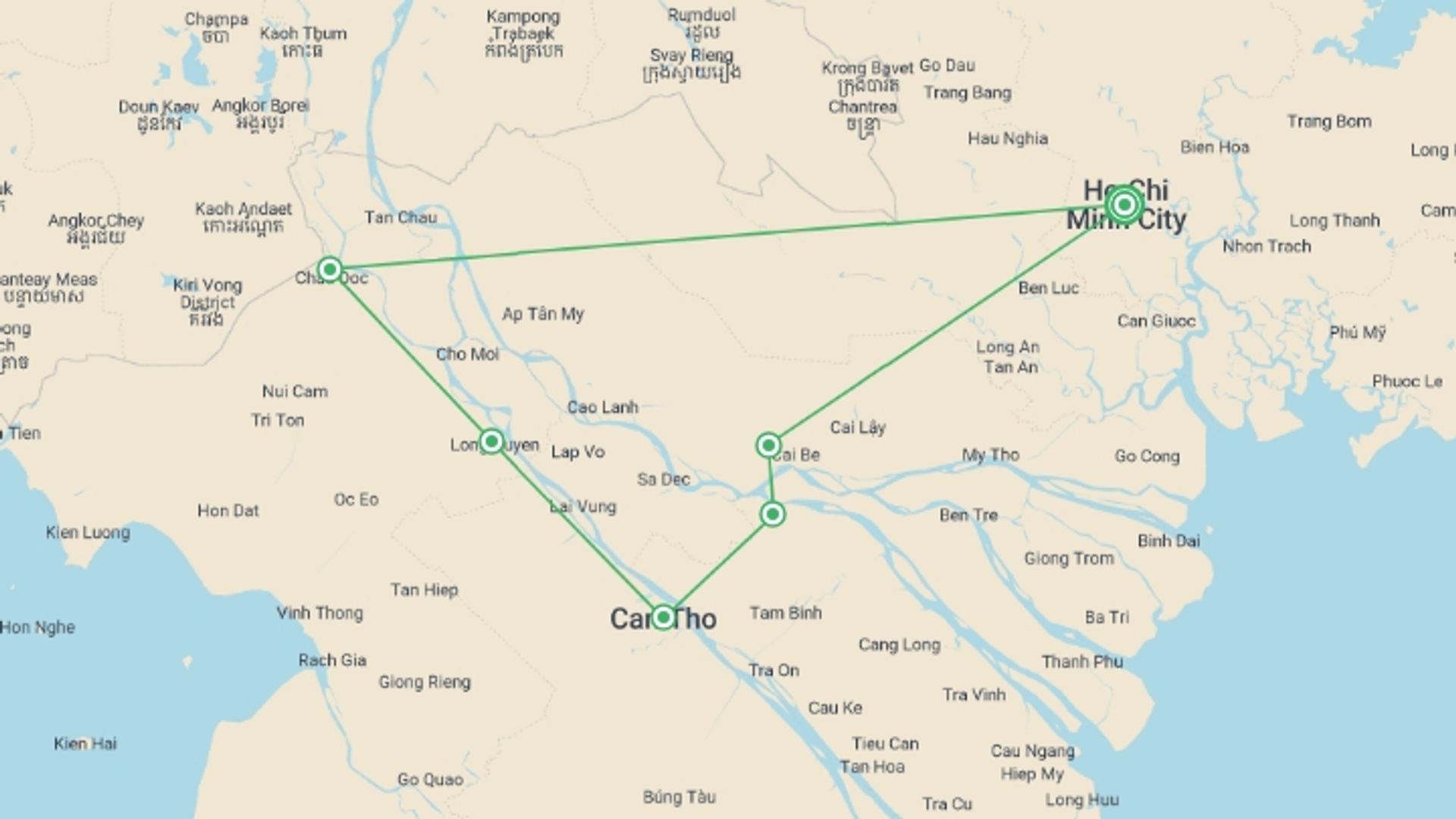 A map showing the tour itinerary for the trip: Cycling the Mekong Delta - 7 days, starting in Ho Chi Minh City, Vietnam and ending in Ho Chi Minh City, Vietnam going through 2 other destinations.