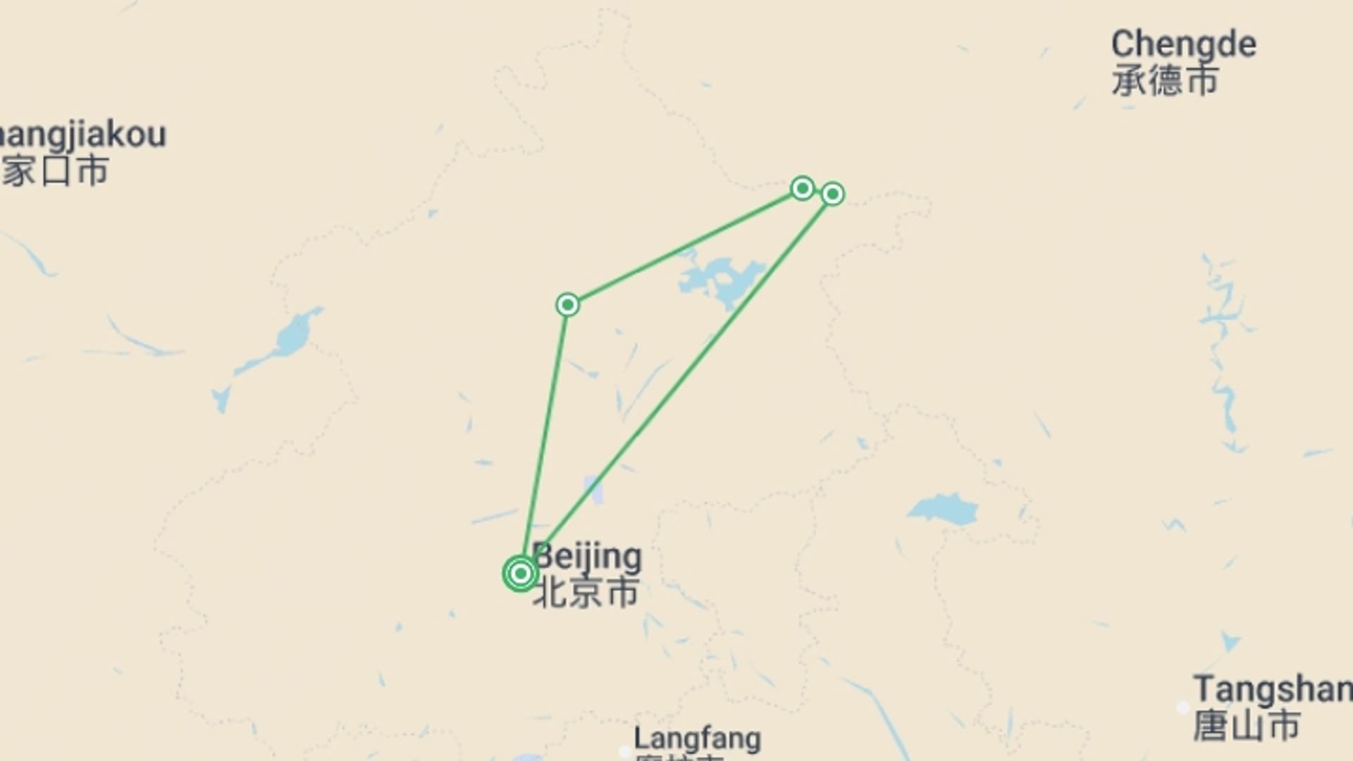 A map showing the tour itinerary for the trip: Walking the Great Wall of China, starting in Beijing, China and ending in Beijing, China going through 3 other destinations.