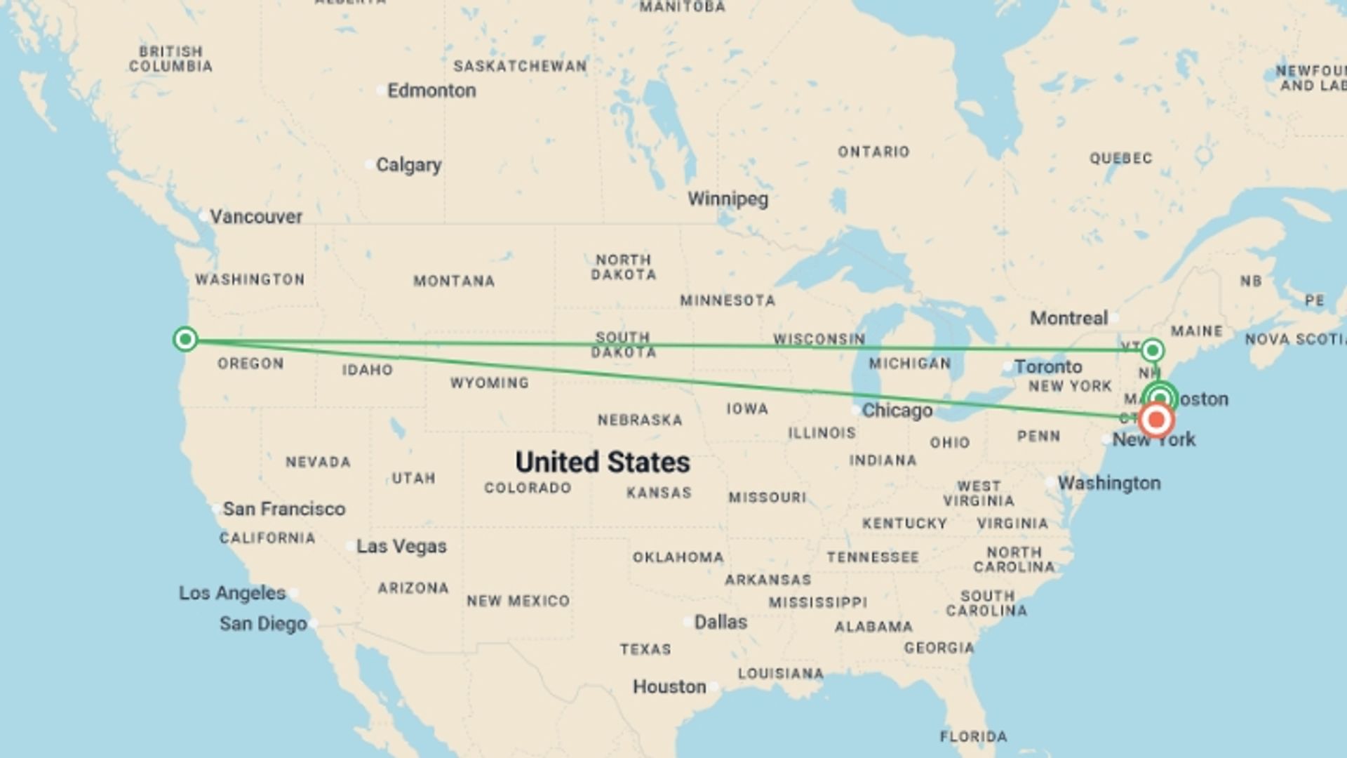 A map showing the tour itinerary for the trip: New England Holiday featuring the historic Omni Mount Washington Resort, starting in Boston, USA and ending in Newport, RI, USA going through 3 other destinations.
