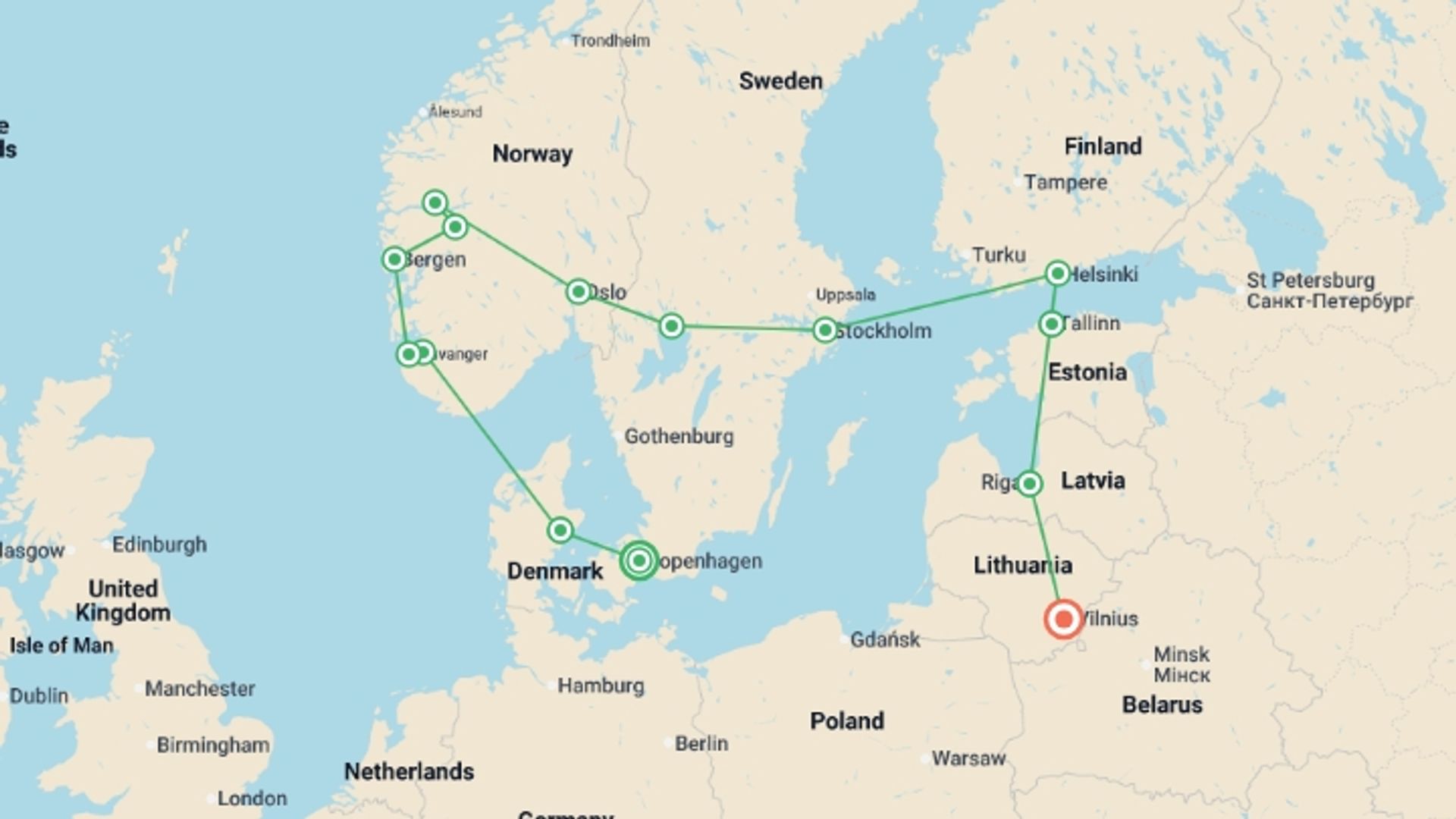 A map showing the tour itinerary for the trip: Magic of Scandinavia and the Baltics, starting in Copenhagen, Denmark and ending in Vilnius, Lithuania going through 9 other destinations.
