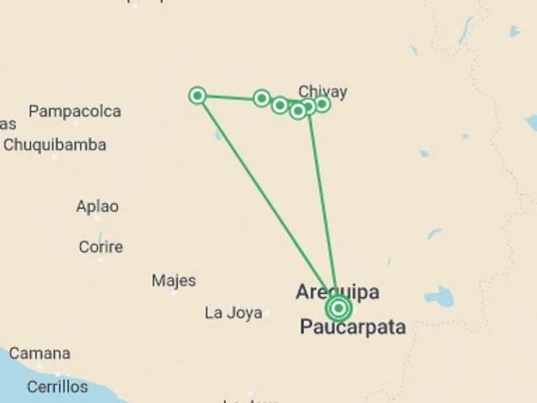 Map of Arequipa Tour with 2 destination visits for the trip: Arequipa And Colca Canyon, Private Tour