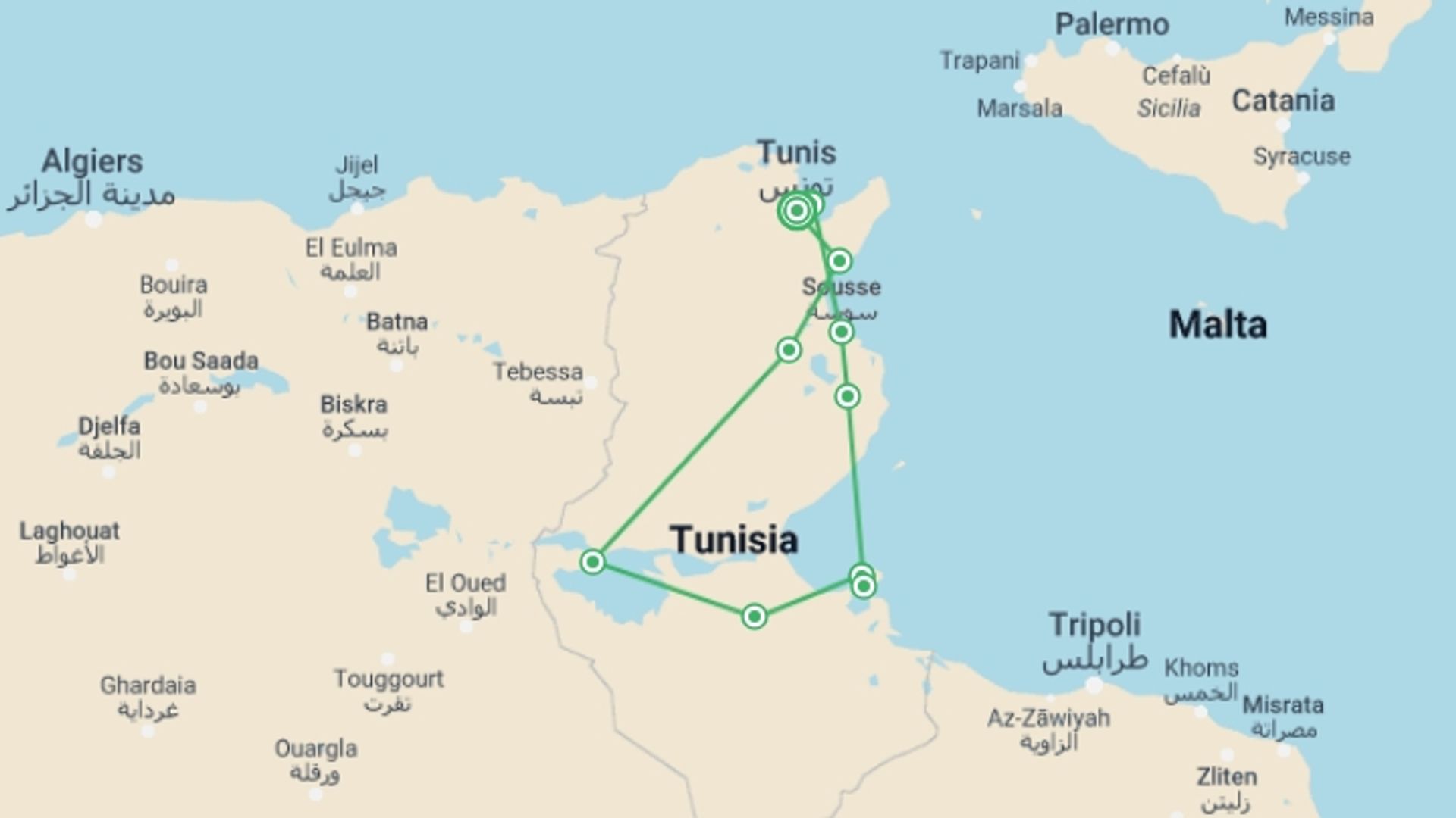 A map showing the tour itinerary for the trip: From The Mainland To The Island, Small Group Tour, starting in Tunis, Tunisia and ending in Tunis, Tunisia going through 5 other destinations.