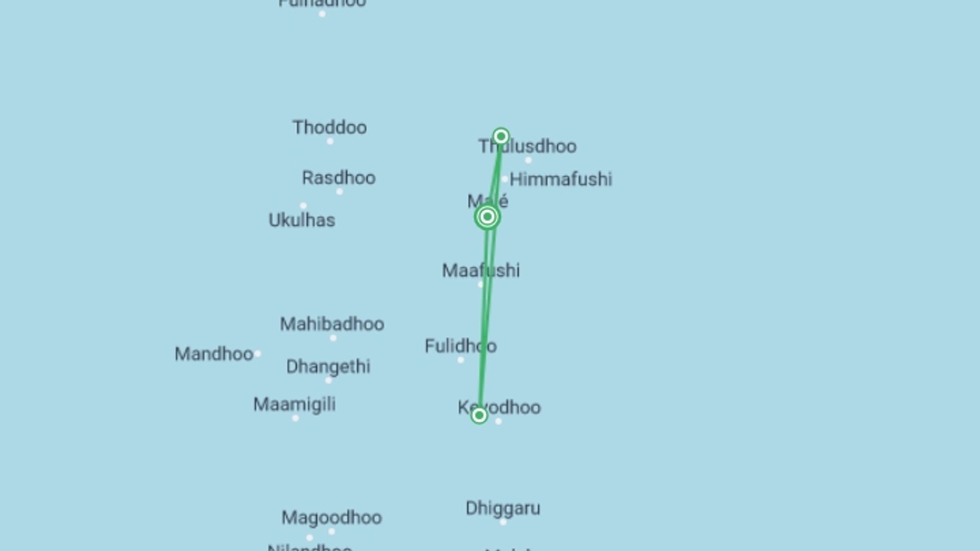 A map showing the tour itinerary for the trip: Maldives Cruise: Indian Ocean Dhoni Life, starting in Male, Maldives and ending in Male, Maldives going through 2 other destinations.
