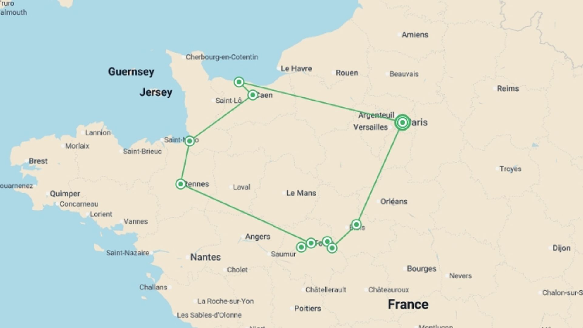 A map showing the tour itinerary for the trip: France Mon Amour, starting in Paris, France and ending in Paris, France going through 3 other destinations.