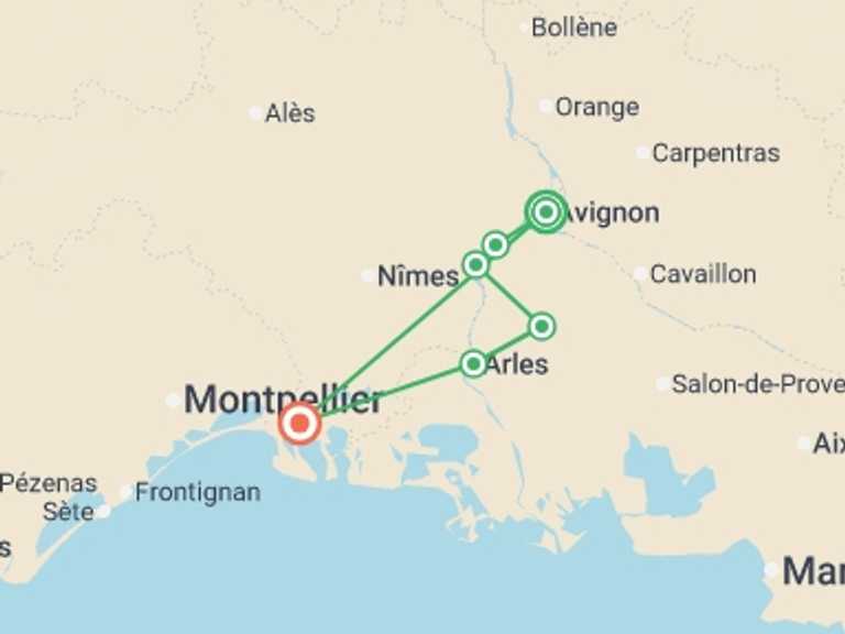Map itinerary of France Tour in May 2026 with 7 destination visits for the trip: Provence Bike & Boat