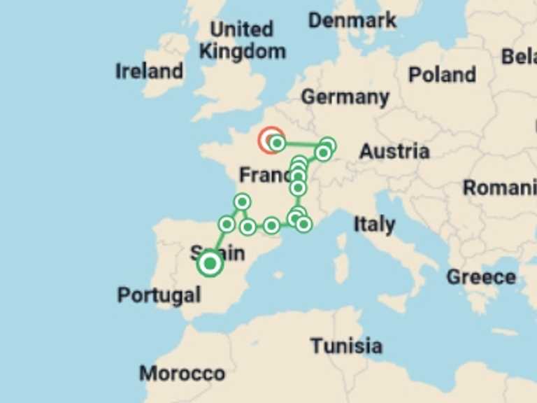 Map of France and Spain Tour with 8 destination visits for the trip: Spain, south of France, Burgundy and Alsace