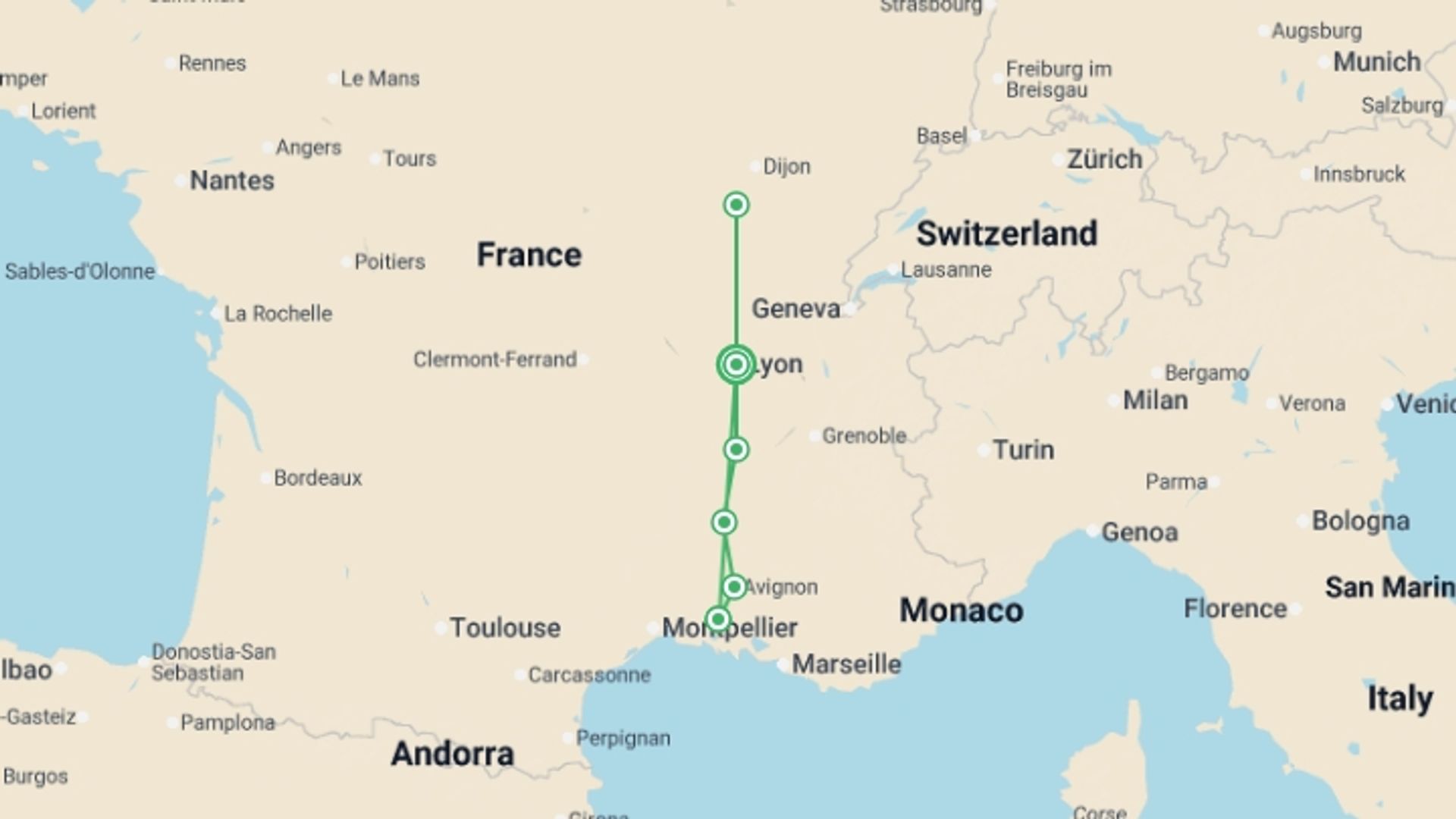 A map showing the tour itinerary for the trip: Burgundy & Provence (2027), starting in Lyon, France and ending in Lyon, France going through 5 other destinations.