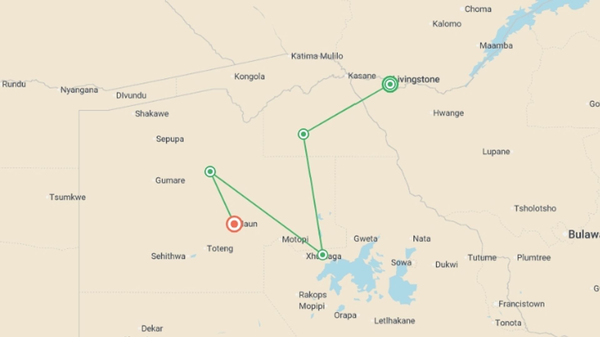 A map showing the tour itinerary for the trip: Victoria Falls and Botswana, starting in Victoria Falls, Zimbabwe and ending in Maun, Botswana going through 3 other destinations.