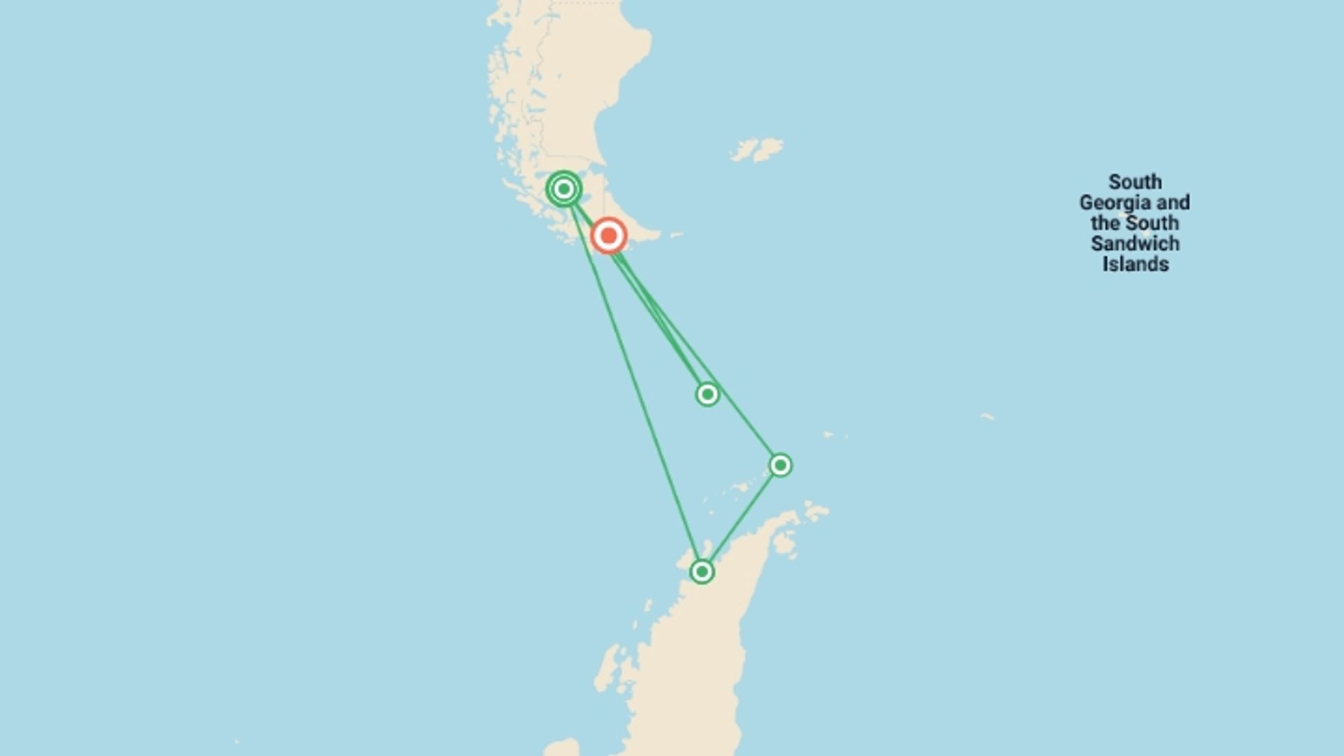 A map showing the tour itinerary for the trip: Classic Antarctica - Douglas Mawson, starting in Ushuaia, Argentina and ending in Ushuaia, Argentina going through 4 other destinations.