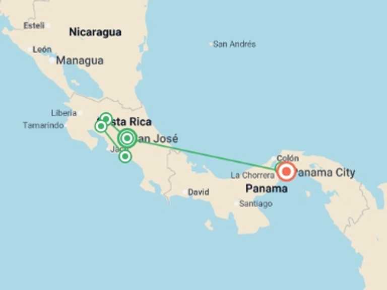 Map itinerary of South America Tour in November 2026 with 6 destination visits for the trip: Best of Costa Rica & Panama - 13 days