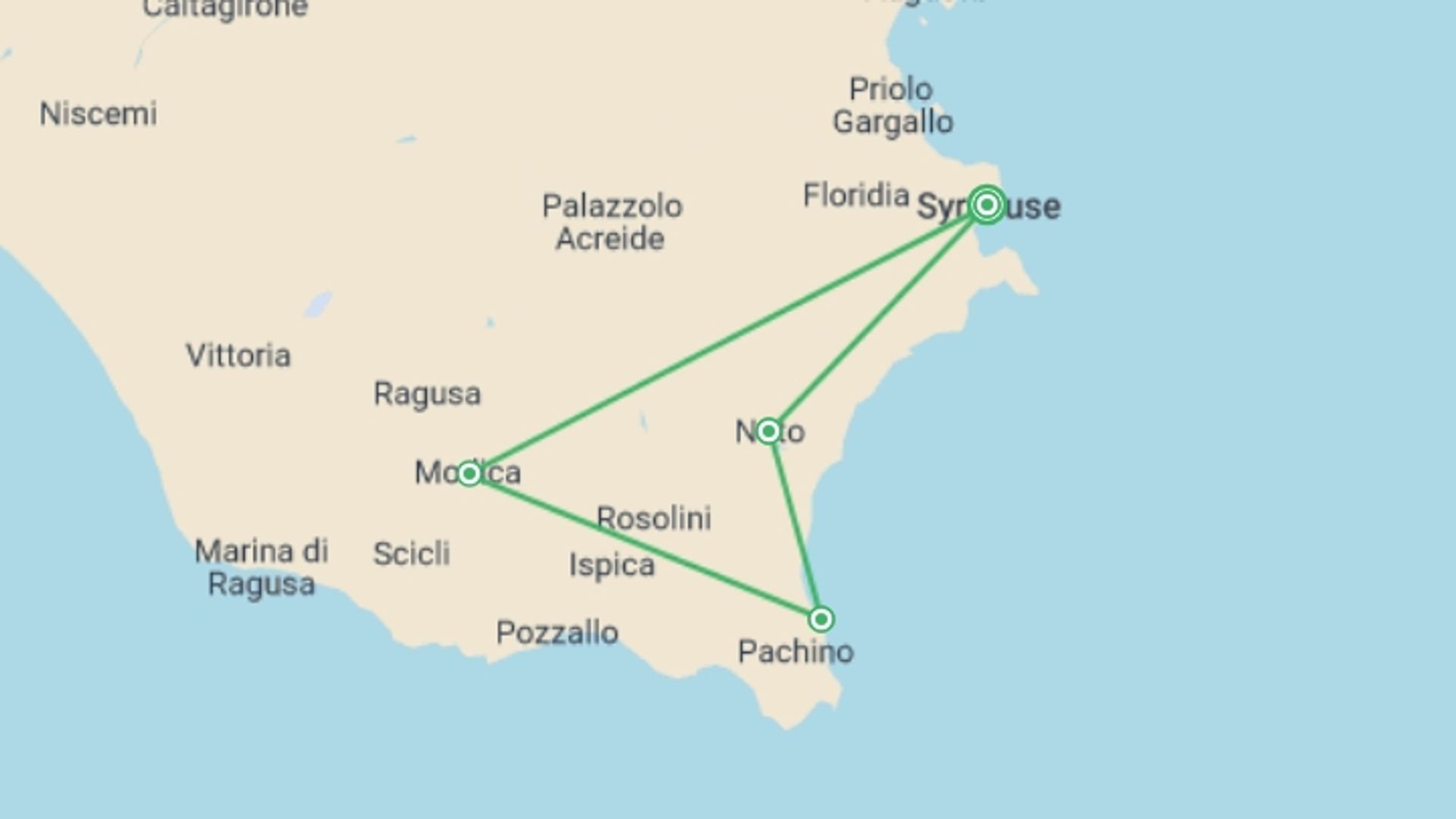 A map showing the tour itinerary for the trip: Cycling in Sicily, starting in Syracuse, Italy and ending in Syracuse, Italy going through 3 other destinations.