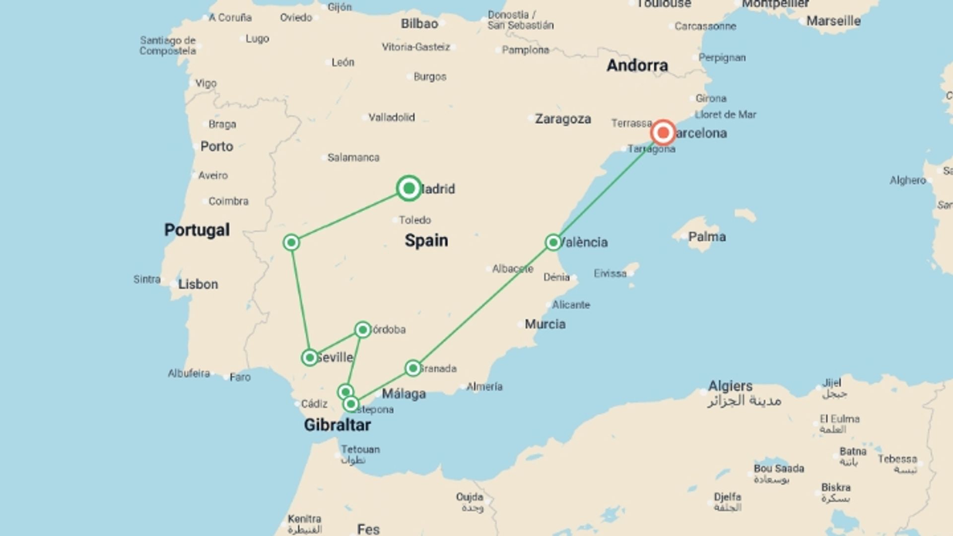 A map showing the tour itinerary for the trip: Essence of Espana - 7 days, starting in Madrid, Spain and ending in Barcelona, Spain going through 5 other destinations.
