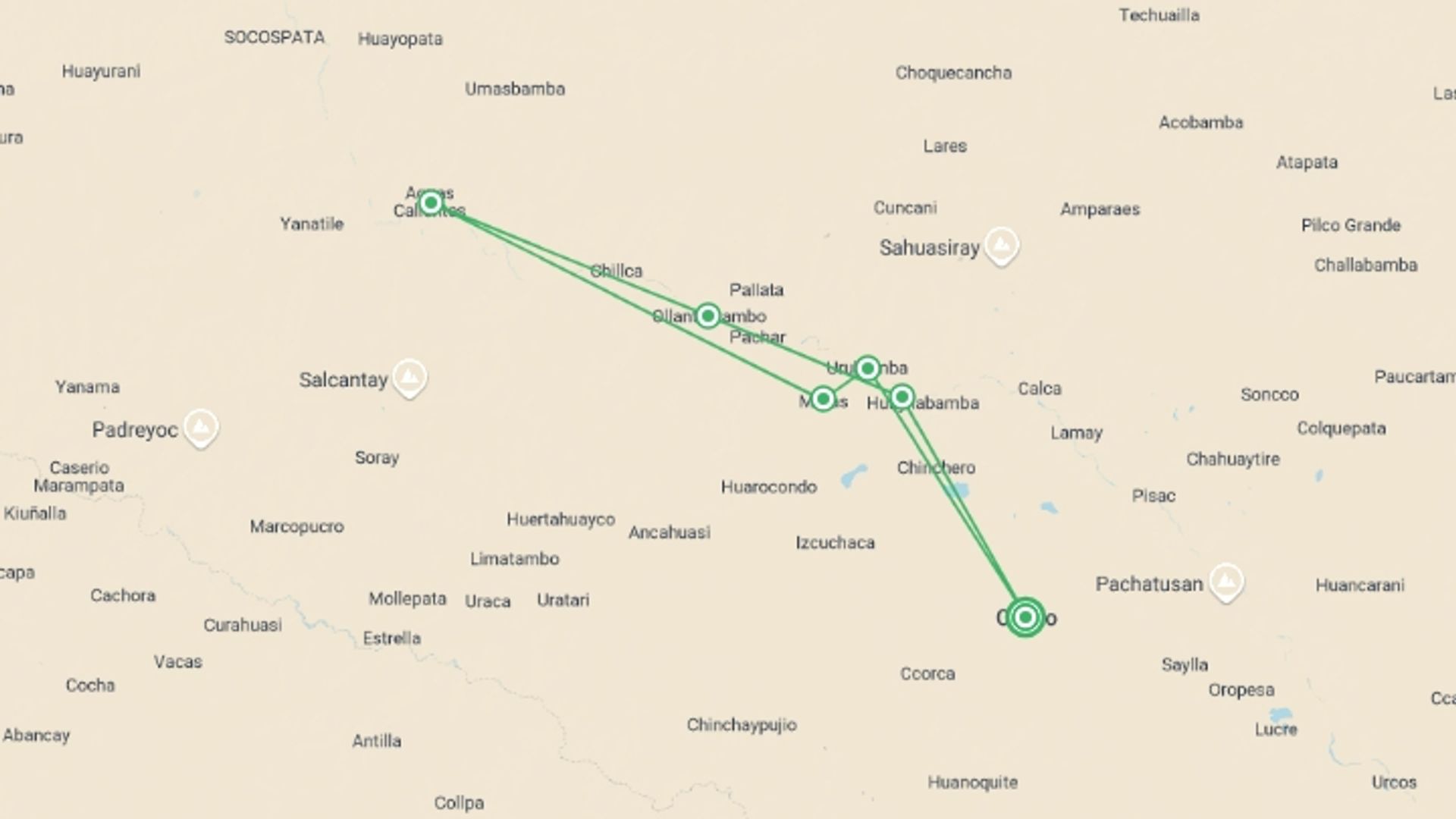 A map showing the tour itinerary for the trip: Classic Cusco Tour, starting in Cusco, Peru and ending in Cusco, Peru going through 5 other destinations.
