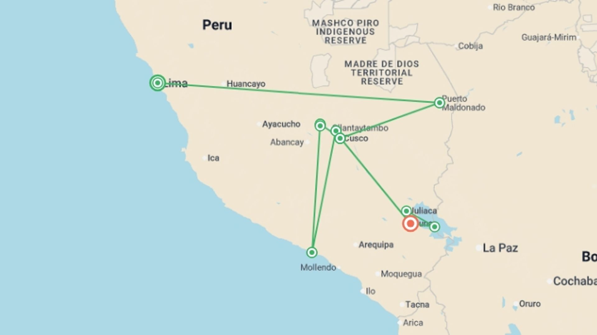 A map showing the tour itinerary for the trip: Best of Peru, starting in Lima, Peru and ending in Puno, Peru going through 0 other destinations.
