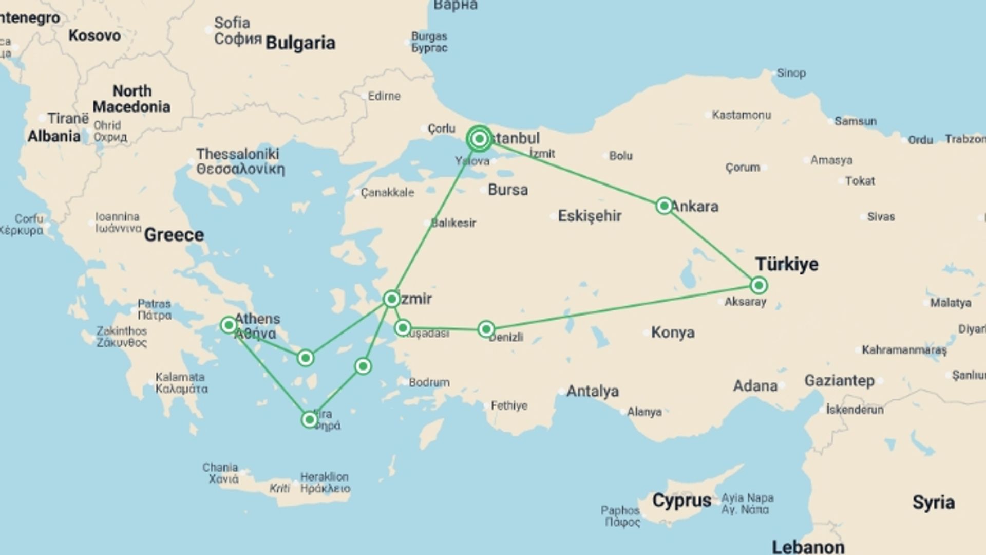 A map showing the tour itinerary for the trip: Best Of Turkey And Greece With 3-night Cruise (small Group), starting in Istanbul, Turkey and ending in Istanbul, Turkey going through 7 other destinations.