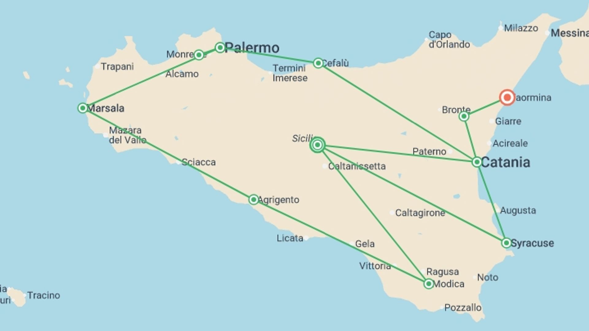 A map showing the tour itinerary for the trip: Best of Sicily, starting in Sicily, Italy and ending in Taormina, Italy going through 5 other destinations.