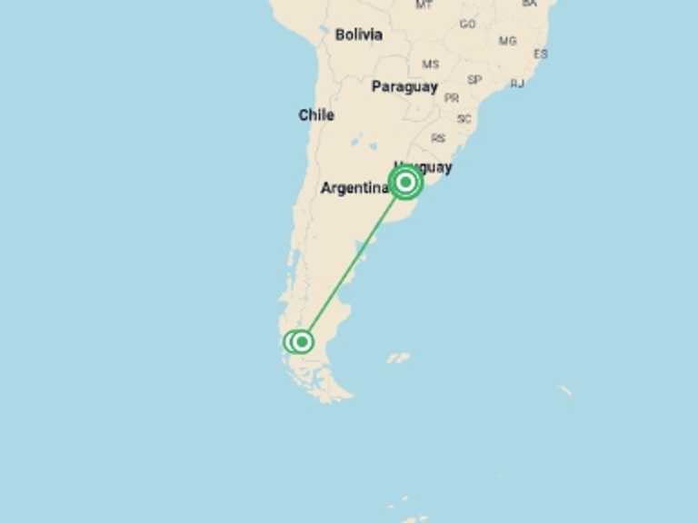 Map itinerary of El Calafate Tour in September 2025 with 4 destination visits for the trip: 8-Day Argentina & Patagonia Tour : Buenos Aires & El Calafate