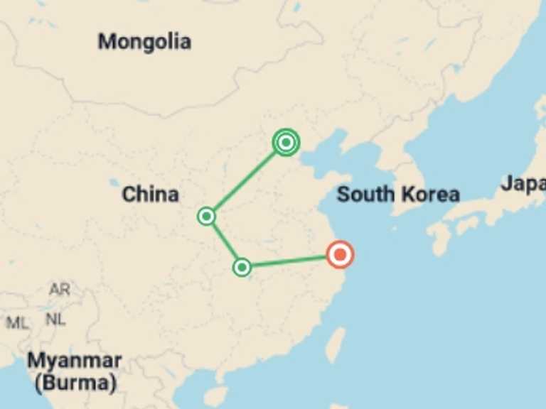 Map itinerary of Asia Tour in August 2027 with 4 destination visits for the trip: Iconic China with Yangtze Cruise