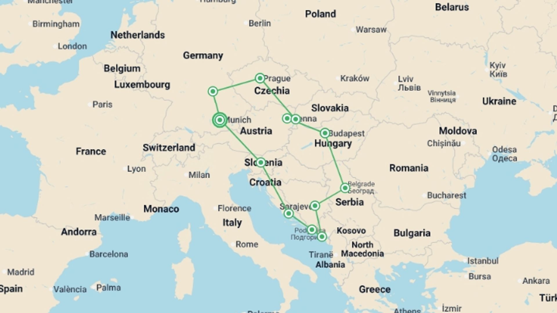 A map showing the tour itinerary for the trip: Croatian & Eastern Delights, starting in Munich, Germany and ending in Munich, Germany going through 9 other destinations.