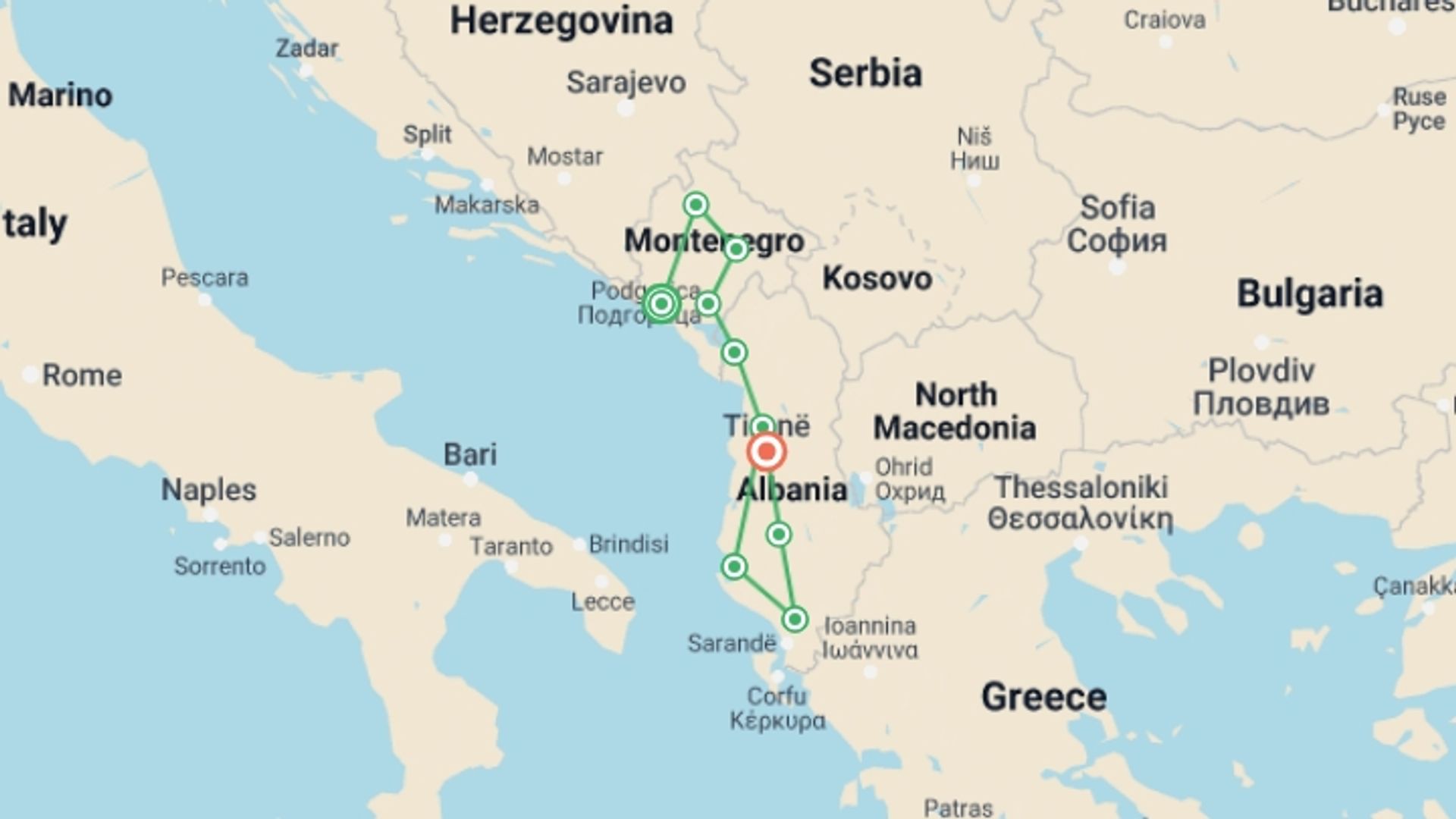 A map showing the tour itinerary for the trip: Montenegro & Albania Adventure, starting in Kotor, Montenegro and ending in Tirana, Albania going through 8 other destinations.