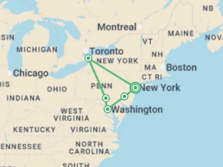 Map itinerary of USA Tour in June 2026 with 5 destination visits for the trip: Great American Eastern Cities