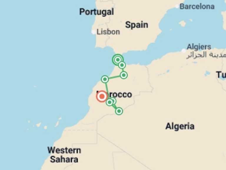 Map of Morocco Tour with 8 destination visits for the trip: Morocco: North, South & Marrakech