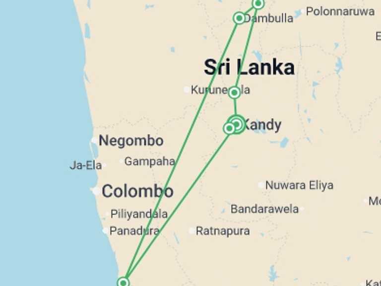 Map itinerary of Asia Tour in Winter with 2 destination visits for the trip: Kandy, Sigiriya & Dambulla 2 Days, Private Tour