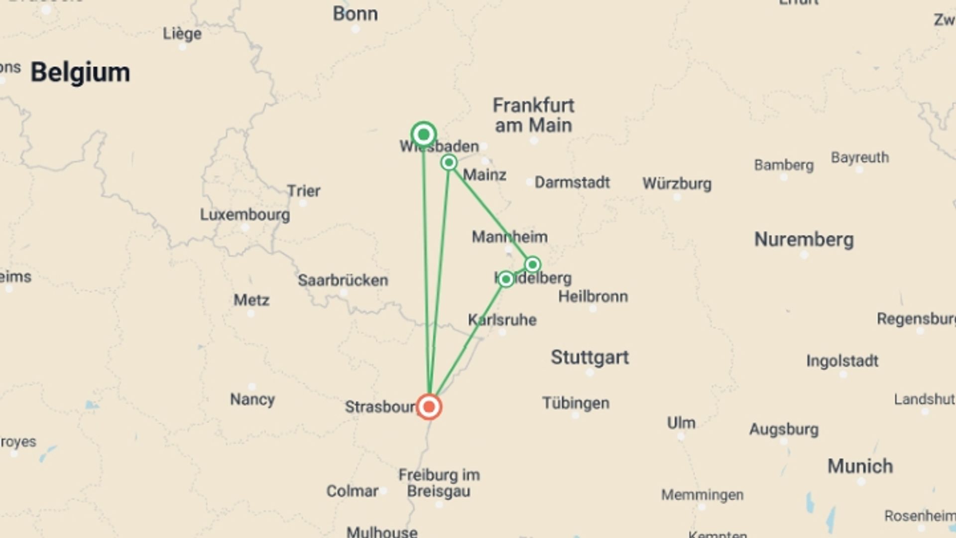 A map showing the tour itinerary for the trip: New Year on the Rhine: The romantic Rhine and its castles (port-to-port cruise), starting in Strasbourg, France and ending in Strasbourg, France going through 3 other destinations.