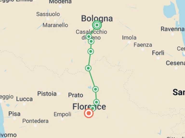 Map of Florence Sightseeing Tour with 8 destination visits for the trip: Via Degli Dei: Bologna to Florence