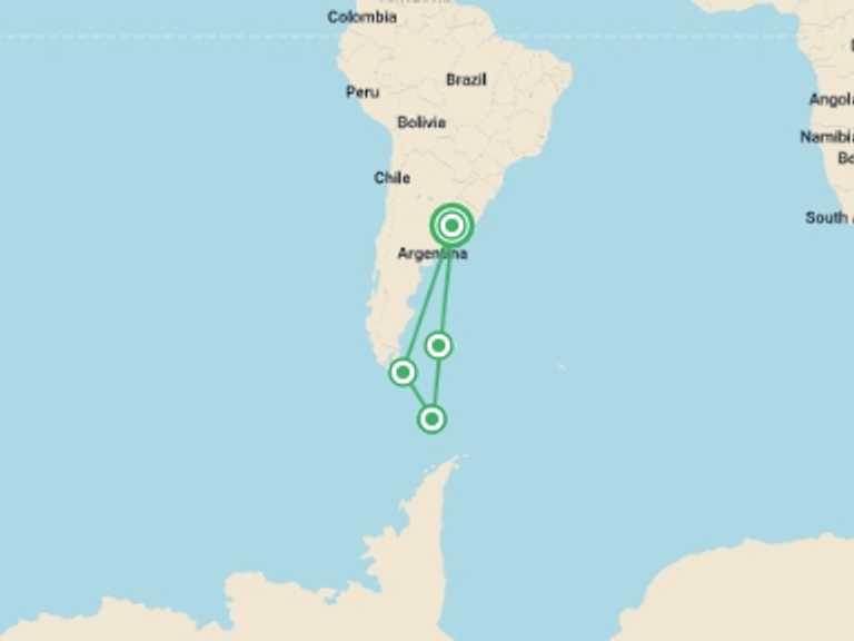 Map itinerary of South America Tour in November 2026 with 4 destination visits for the trip: Emperor Penguin Quest: Expedition to Snow Hill