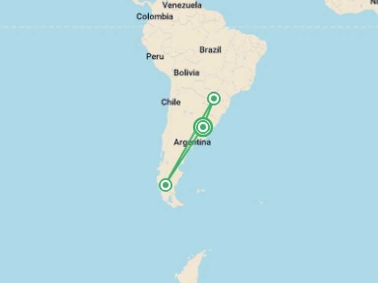 Map of South America Tour with 5 destination visits for the trip: Glaciers, Falls & Tango - SMART Adventure