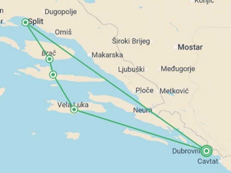 Map itinerary of Europe Tour in July 2026 with 5 destination visits for the trip: Dubrovnik and the Islands of the Dalmatian Coast