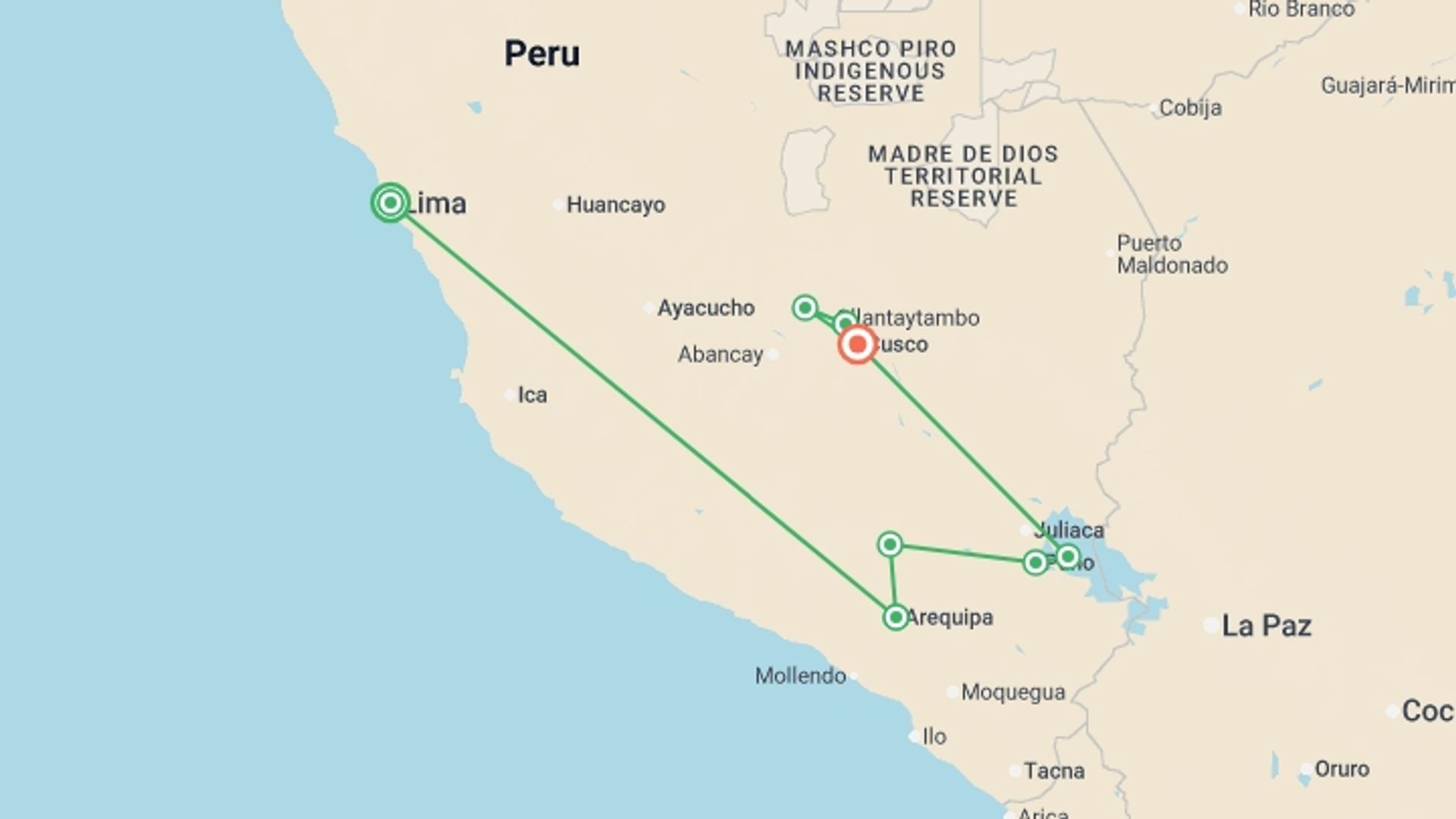 A map showing the tour itinerary for the trip: Upgraded - Discover Peru, starting in Lima, Peru and ending in Cusco, Peru going through 6 other destinations.
