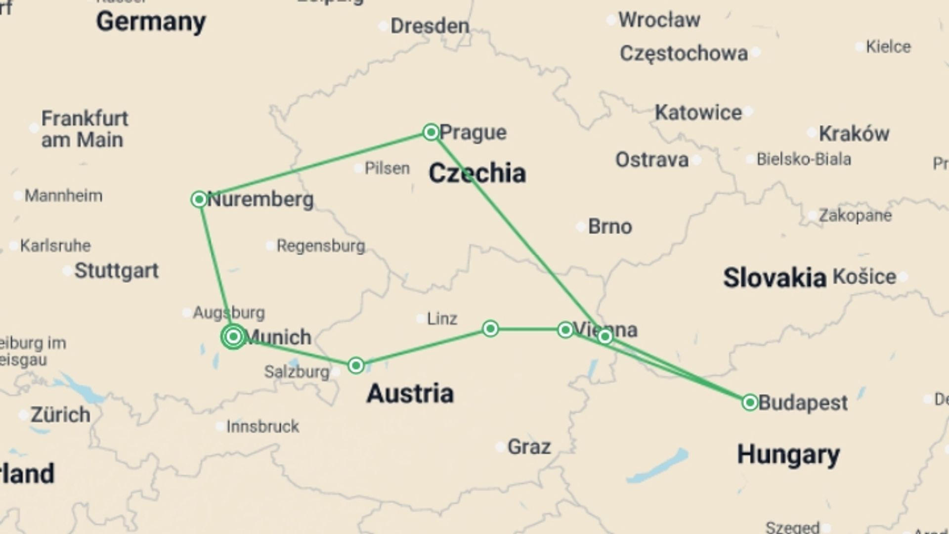 A map showing the tour itinerary for the trip: Taste of Eastern Europe, starting in Munich, Germany and ending in Munich, Germany going through 3 other destinations.