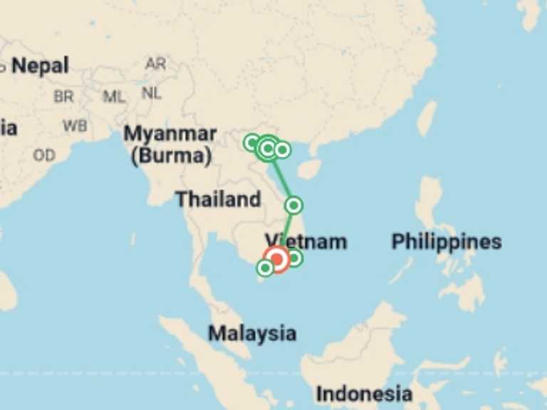 Map of 20-Day Asia Tour with 8 destination visits for the trip: Perfect Vietnam Holiday - 20 days