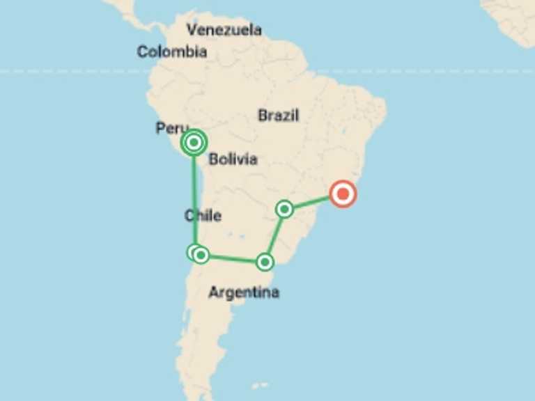 Map itinerary of Santiago Tour in March 2026 with 10 destination visits for the trip: 18 Days Couple getaway to South America
