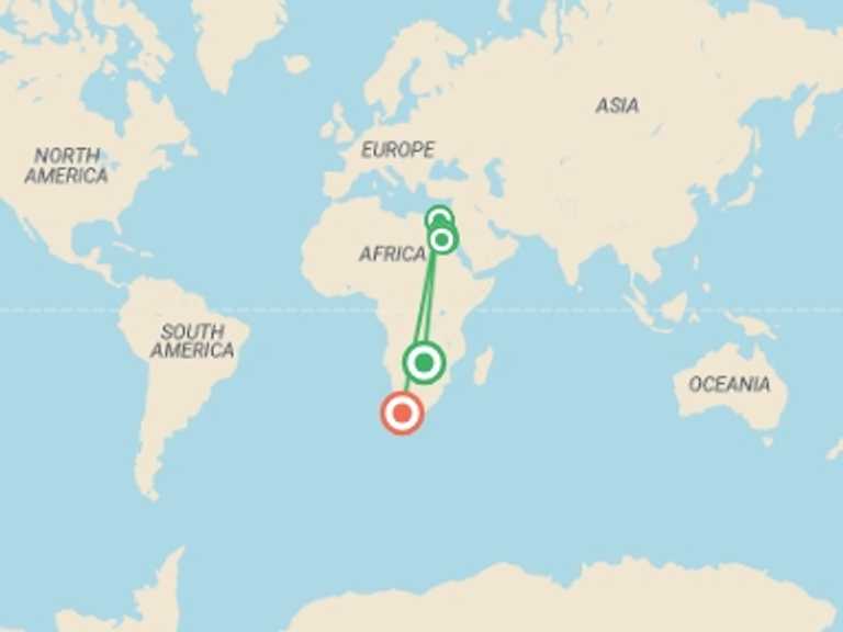Map itinerary of Africa Tour in August 2026 with 6 destination visits for the trip: Egypt Express
