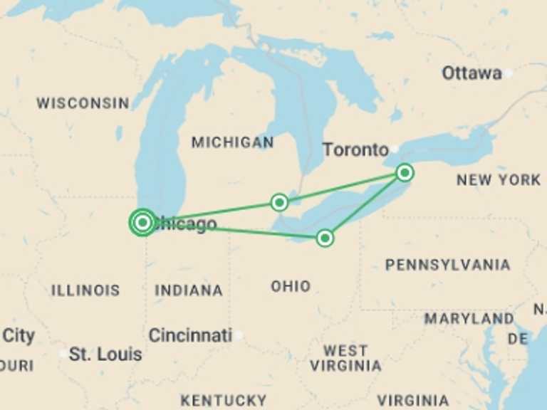Map of Detroit Tour with 4 destination visits for the trip: From Chicago's Skyline to Niagara's Mist - 8 days