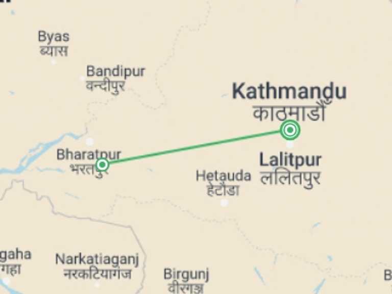 Map itinerary of Kathmandu Tour in Spring with 2 destination visits for the trip: Chitwan Jungle Safari Tour